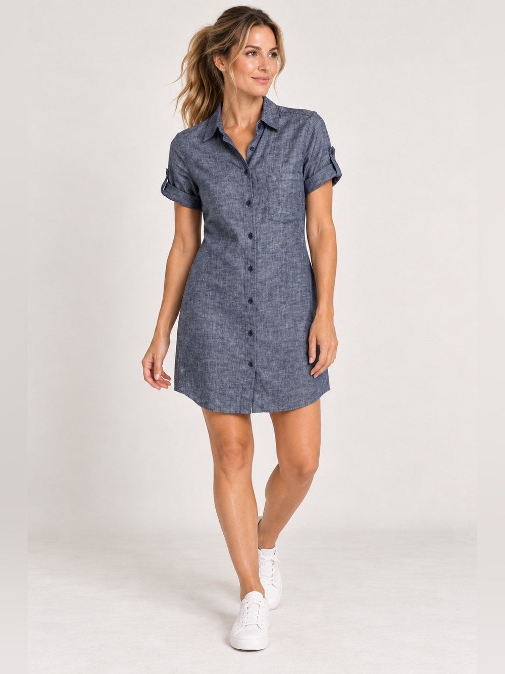 Theory Blue Chambray Shirt Dress Button-Front Roll Tab Short Sleeve Pockets 00